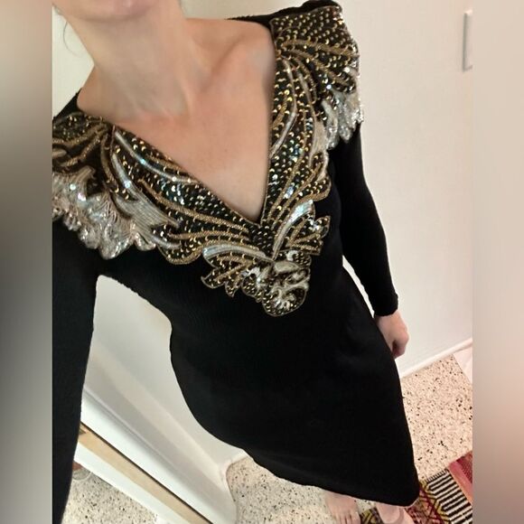 Pat Sandler  Wellmore Saks Fifth Ave knitting sweater beaded embellished dress 8 - Picture 2 of 9